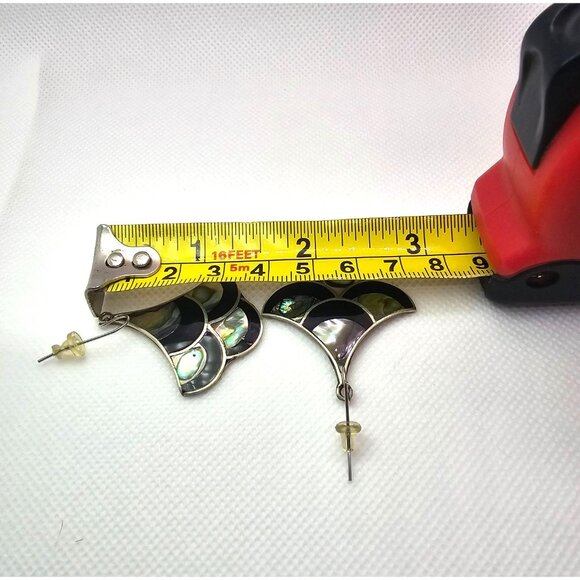 Handmade Alpaca Silver Abalone & Black Onyx Inlay Earrings - Picture 12 of 13